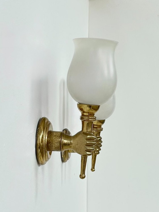 Image 1 of Pair of vintage wall lights, Maison Jansen, patinated solid brass and opaline glass, France, 1960