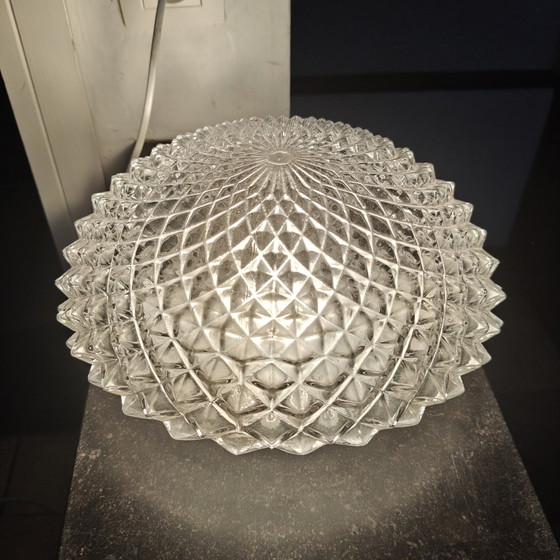 Image 1 of Vintage Diamond Cut Glass Ceiling Light | Mid Century Flush Mount | Space Age Style | 26 cm