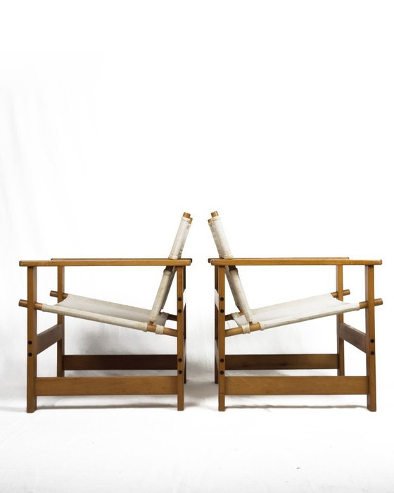 Image 1 of Vintage safari loungestoelen, 1 van 2, canvas en hout, jaren 70