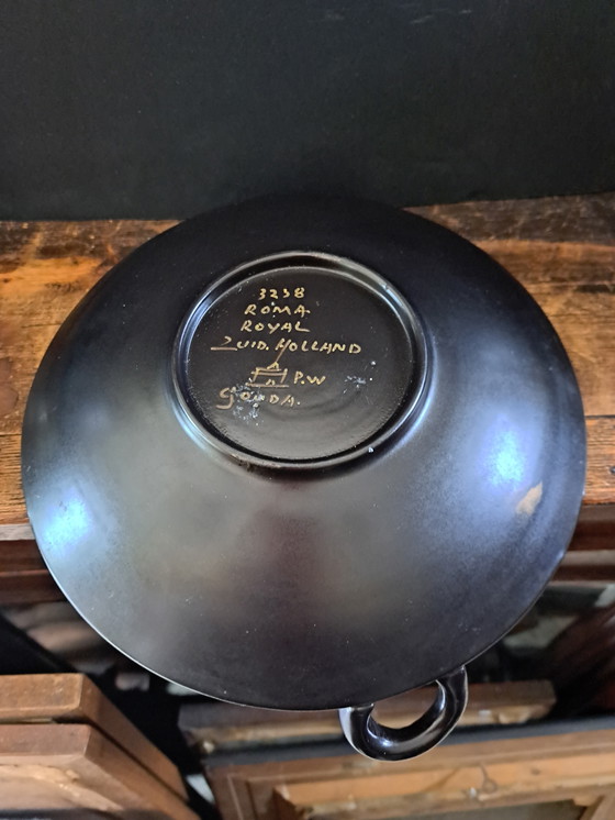 Image 1 of Vintage 1950's Ceramic Bowl with Handles south Dutch Gouda Hand Painted Black with Gold