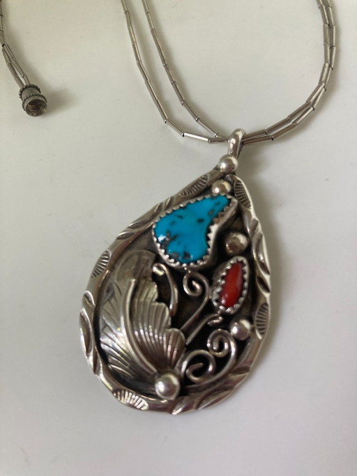 Navajo Indiaanse bloemenhanger (sterling zilver, turkoois, koraal)