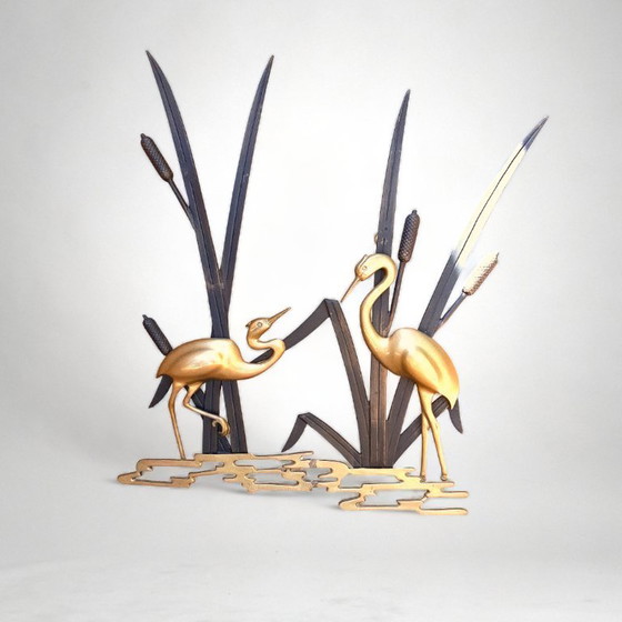 Image 1 of Japanische Messingwanddekoration aus der Mitte des 20. Jahrhunderts mit Reihern