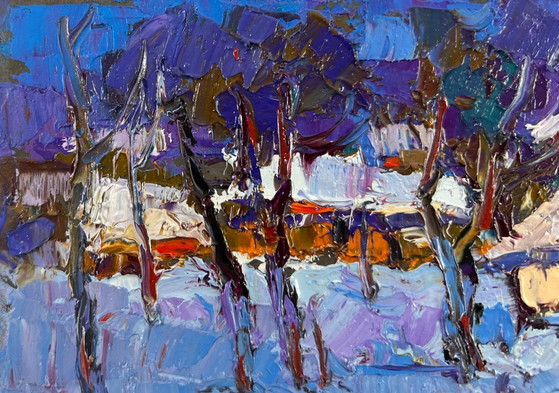 Image 1 of Original Oil Painting Night Village Landscape Moonlight winter light