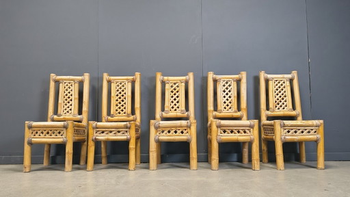 Vintage bamboe eetkamerstoelen in boho-chic stijl, jaren 60.