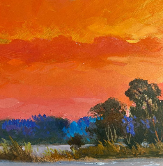 Image 1 of Pintura al óleo original: Paisaje de Sunset River, atardecer carmesí fascinante.