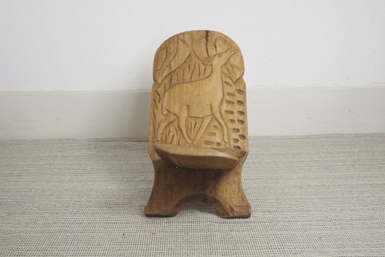 Carved African Hardwood Palaver Chair Low Collapsible Chair Folk Art Deer Carving Vintage Rustic Wooden (photo 4 of 12)