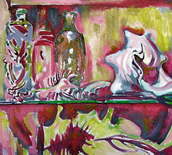 Pittura a olio originale Espressionismo Bottiglie Natura morta con lavello – Dipinti e disegni, Tela (photo 2 of 5)