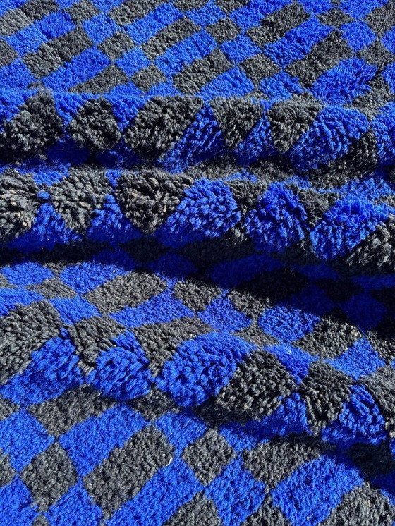 Image 1 of Handmade Moroccan Rug – Black & Blue Checkered Wool Carpet | Geometric Checkerboard Area Rug | Boho Vintage Style Home Decor