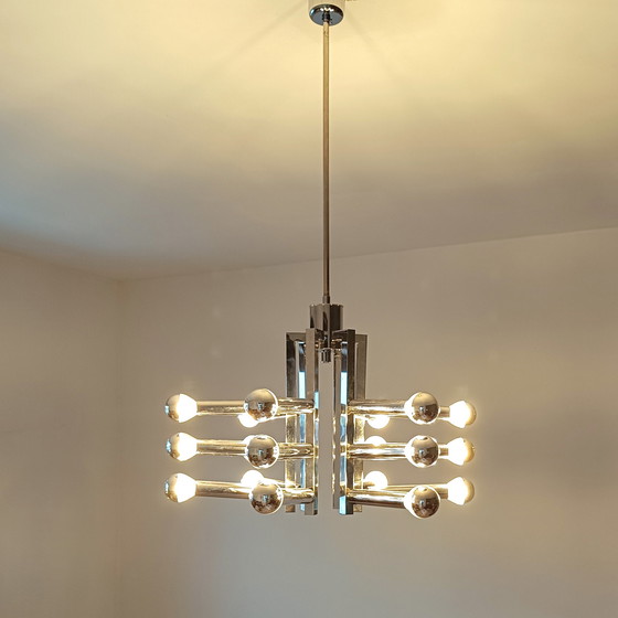 Image 1 of Lustre spoutnik/orbite chromé vintage avec 18 points lumineux - Sciolari for Cosack
