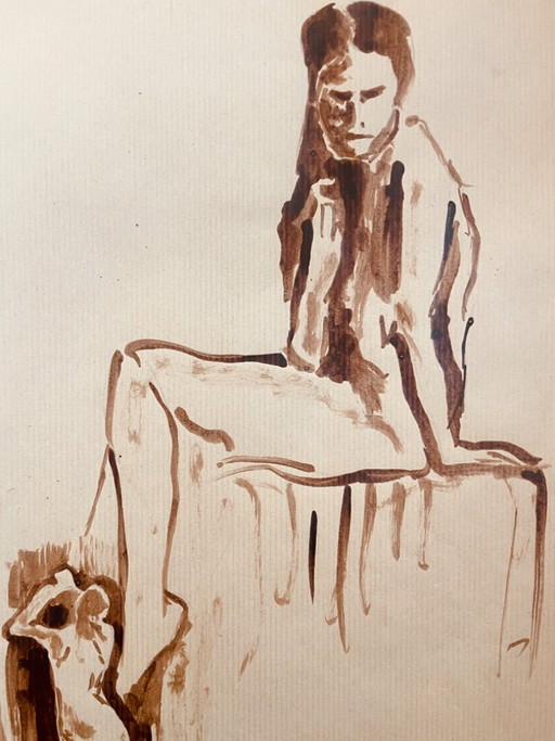 Painting with 2 preparatory sketches, female portrait "coming out of the bath"