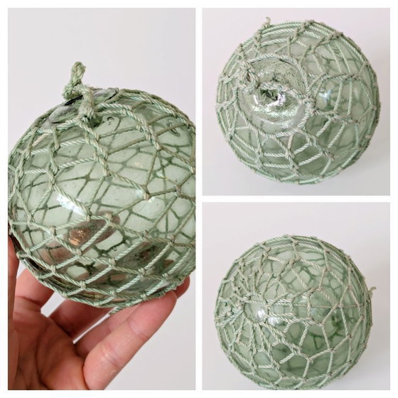 Image 1 of Satz von 3 antiken französischen Fischschwimmern, grünes Glas mit Netz