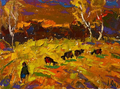 Origineel olieverfschilderij: Avondlandschap in een veld, herfst en het laatste gezang van vogels.