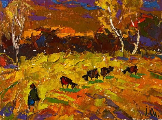Image 1 of Original Oil Painting Evening Field Landscape Autumn and the last singing of birds