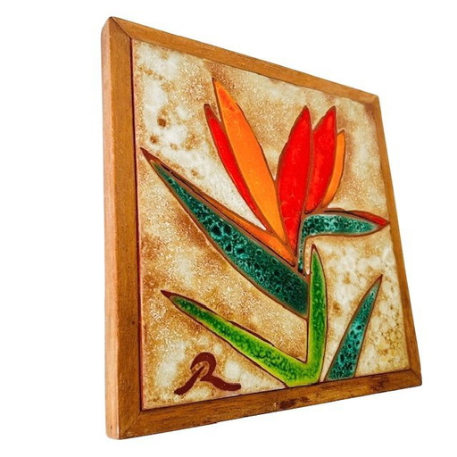 Vintage Vallauris Fliesenuntersetzer aus der Mitte des 20. Jahrhunderts, Strelitzia Raymonde Leduc Wanddekoration, 1960er Jahre