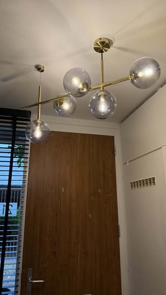 Image 1 of Brass & Smoked-Glass Multi-Globe Pendant Light
