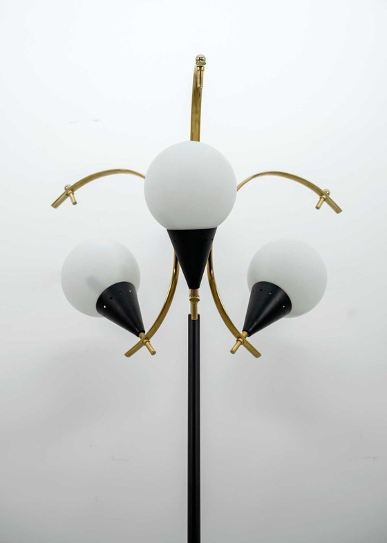 Image 1 of Stilnovo Mid-Century Modern Italian Brass and Opaline Glass Floor Lamp, 1950s