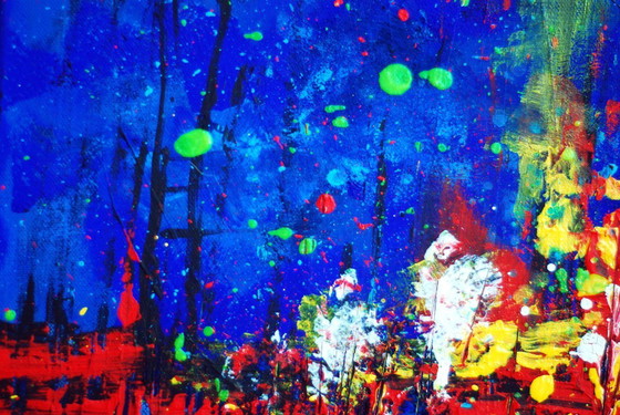 Image 1 of Abstract blue and red colors acrylic painting on stretched canvas