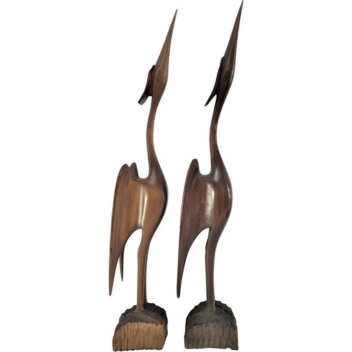 Pair of solid wood birds, 1970