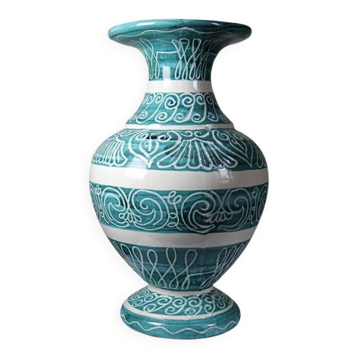 Vase balustre vintage en céramique turquoise à décor incisé.