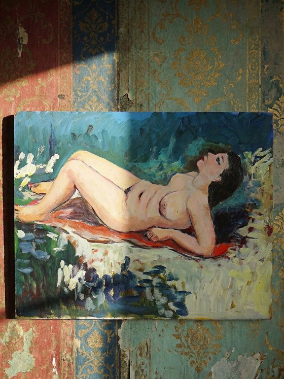 Image 1 of Small painting of a reclining nude woman, modern oil on vintage panel