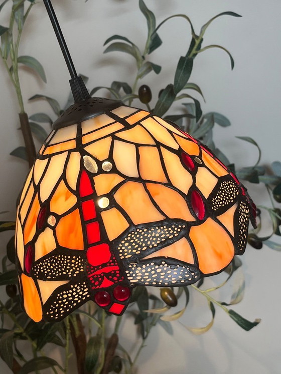 Image 1 of Stained glass pendant lamp with dragonflies beige with red