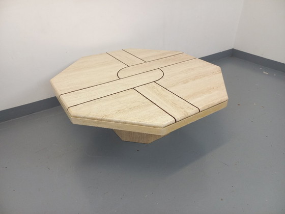 Image 1 of Vintage octagonal travertine coffee table with geometric pattern from the 70s and 80s