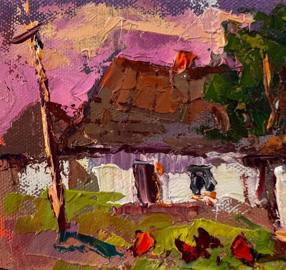 Image 1 of Original Oil Painting Rural Evening Landscape Pink Sunset Over The Village