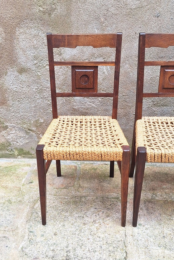 Image 1 of Set of 4 Oak and Rope Chairs by Audoux Minnet 50s
