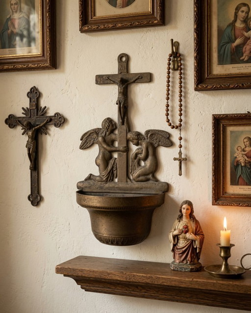 (W013) Pila bautismal antigua de bronce de principios del siglo XX, Francia