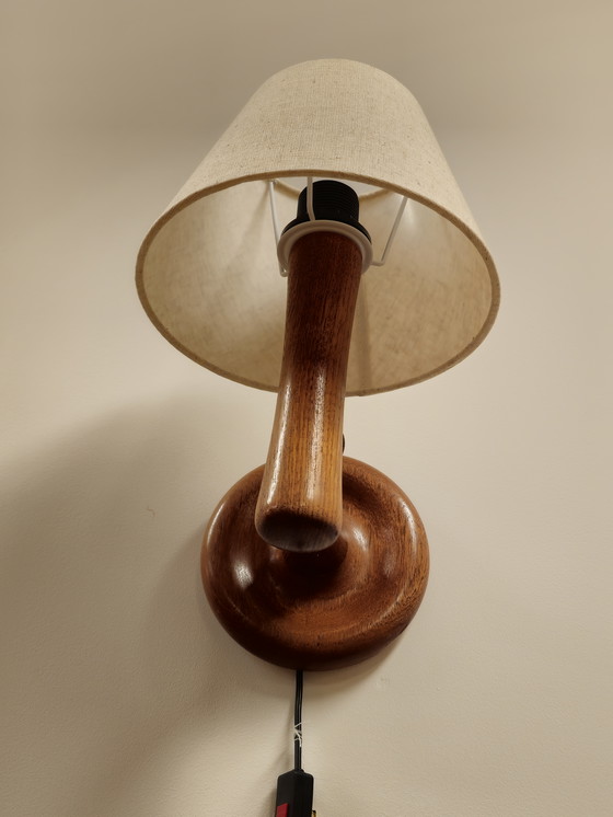 Image 1 of Vintage Dyrlund Deense Wandlamp Lamp Teak Linnen