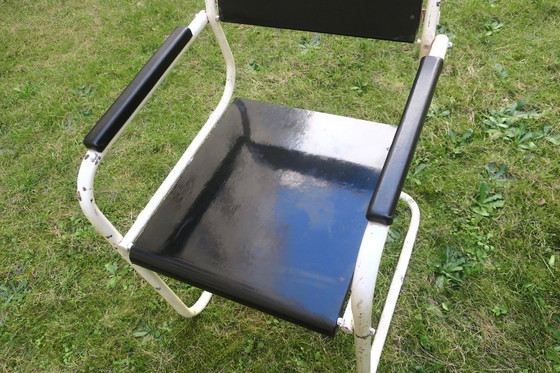 Image 1 of Coppia di sedie da giardino a sbalzo in ferro e legno verniciato, anni '30