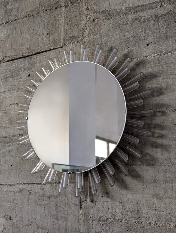 Image 1 of Mid-Century Modern Sunburst Mirror Wall Lamp in Lucite with Pink Glow, 1970s