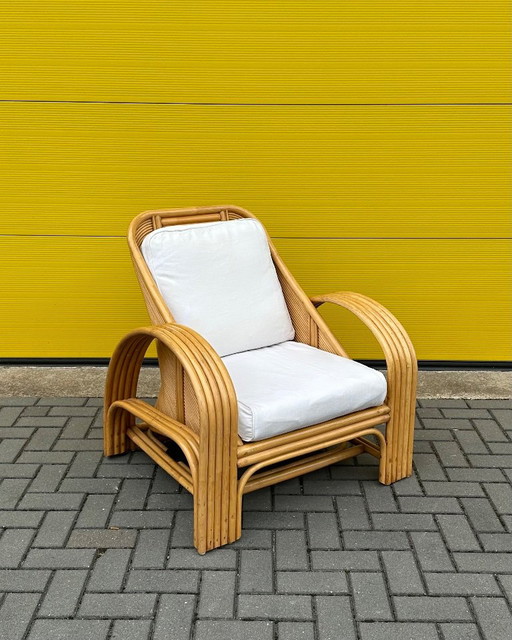 Sillón lounge vintage italiano de ratán y bambú – años 70