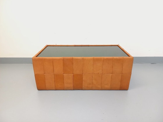 Image 1 of Vintage Swiss rectangular coffee table by De Sede in smoked glass and leather from the 1970s