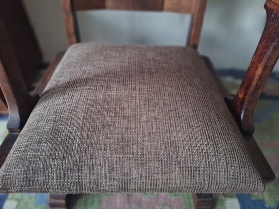 Antiker neugotischer Eichenholz-Armlehnstuhl aus den 1910er Jahren – Sessel, Textile, Wood (photo 5 of 11)