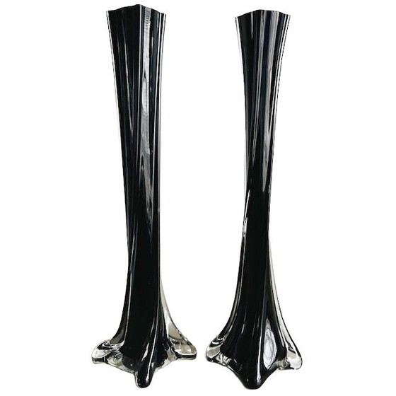 Image 1 of Vintage set of mid-century slimline vases in black glass, 1970s