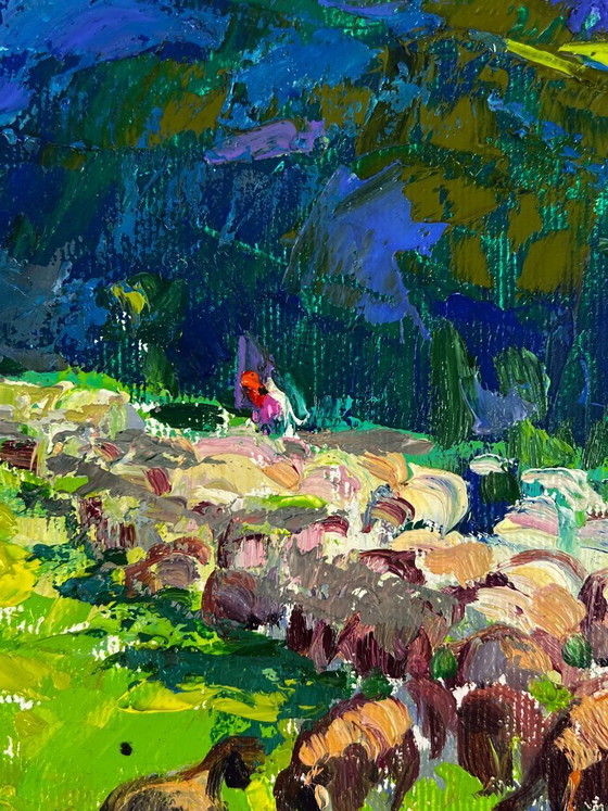 Image 1 of Peinture à l'huile originale représentant un paysage naturel de prairies au pied des montagnes