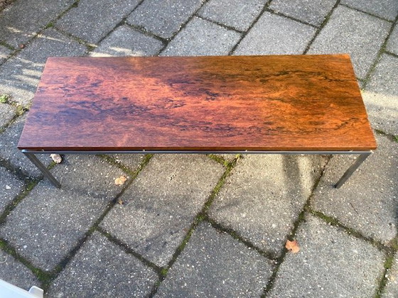 Image 1 of Long Mid-Century Modern Coffee Table With Chrome Steel Frame And Teak Top