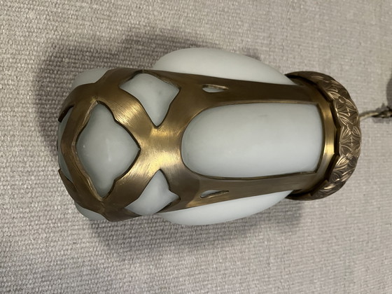 Image 1 of Vladimir Kriatkow lamp, bronze with milk glass, hand-blown using a traditional technique. Made in India.