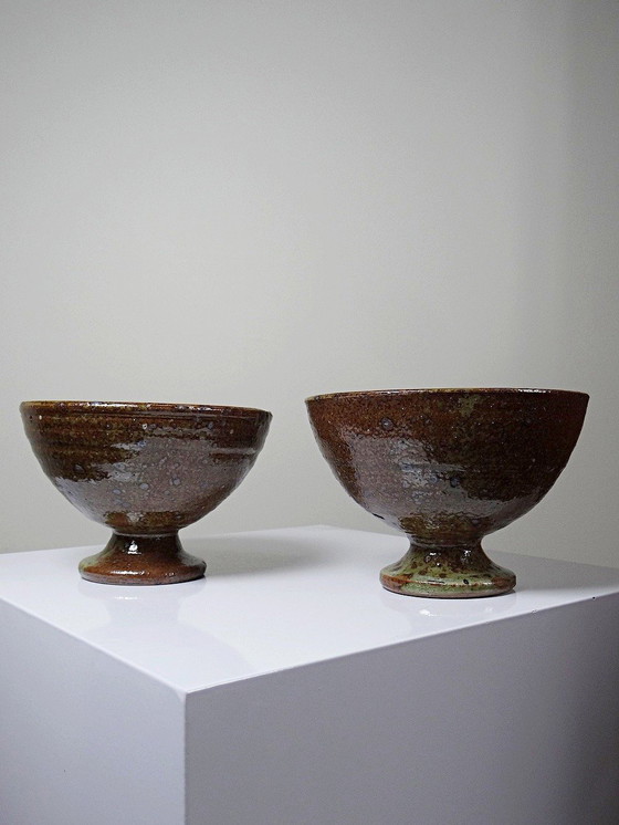 Image 1 of Pair of vintage pyrity stoneware footed bowls in the Baudat La Borne style from the 60s and 70s