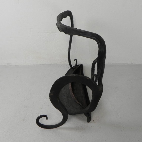 Image 1 of Art Nouveau paraplustandaard in staal en koper, handgesmeed, jaren 20