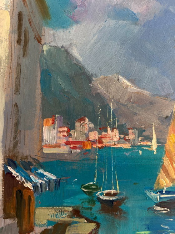 Image 1 of Original Oil Painting Summer City Landscape Sunny days by the sea
