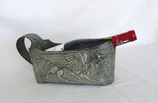 Vintage French Art Nouveau Pewter Griffin Wine Bottle Holder, Embossed Gothic Bottle Cradle, Decorative French Table Centrepiece