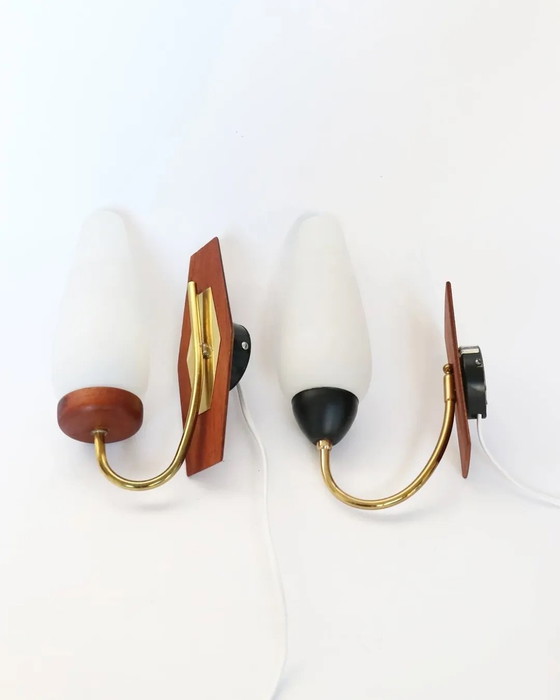 Image 1 of Lampada da parete vintage in teak, luce notturna, lampada da bagno in ottone