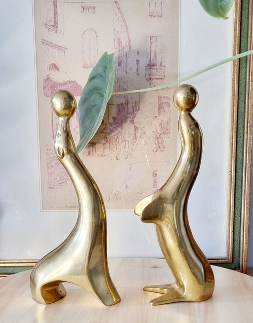 2x Vintage messing zeehondenbeeldjes