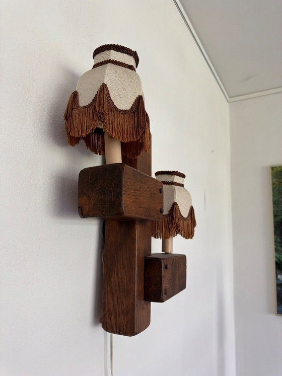 Image 1 of Unique Vintage Solid Oak Wall Lamp with Fringed Shades – 1960s/1970s