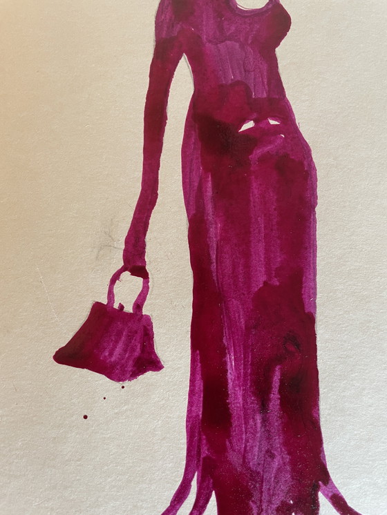 Image 1 of Tableau Signé Encre Gravure Mode Portrait Féminin " Paarse jurk " (gesigneerd)