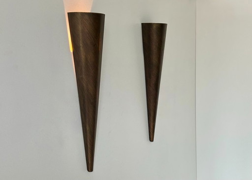 Pair of vintage sconces, brown patinated metal, France, 1970