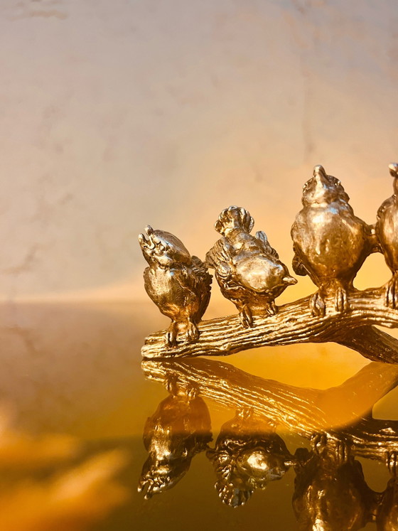 Pezzo di design! 5 uccelli placcati in argento su un ramo – Oggetti decorativi, Silver, Metal (photo 3 of 8)