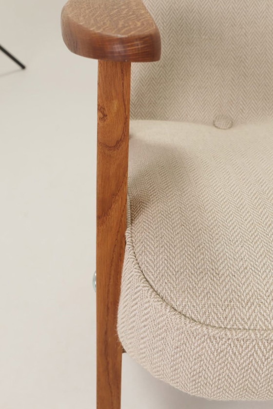 Image 1 of Vintage Loungestoel Visgraat Ecru, Eiken Natuurlijk Hout Scandinavisch Ontwerp